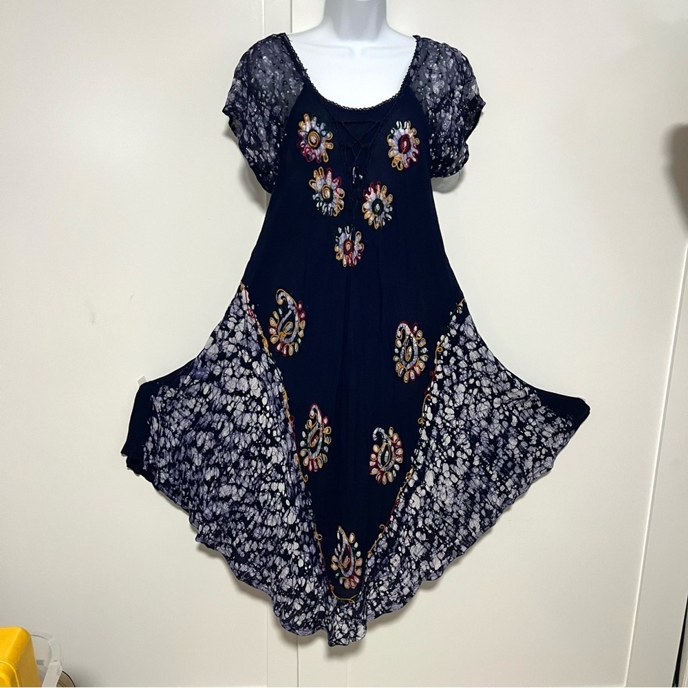 One Size Hippie Dyed Embroidery Flowy dress Boho Beach Eclectic Coverup - Picture 2 of 9